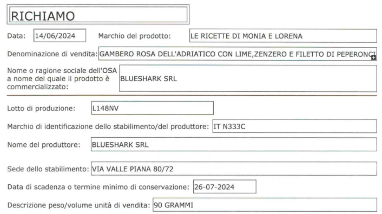 Il Ministero della Salute diffonde il richiamo di un lotto di gamberi