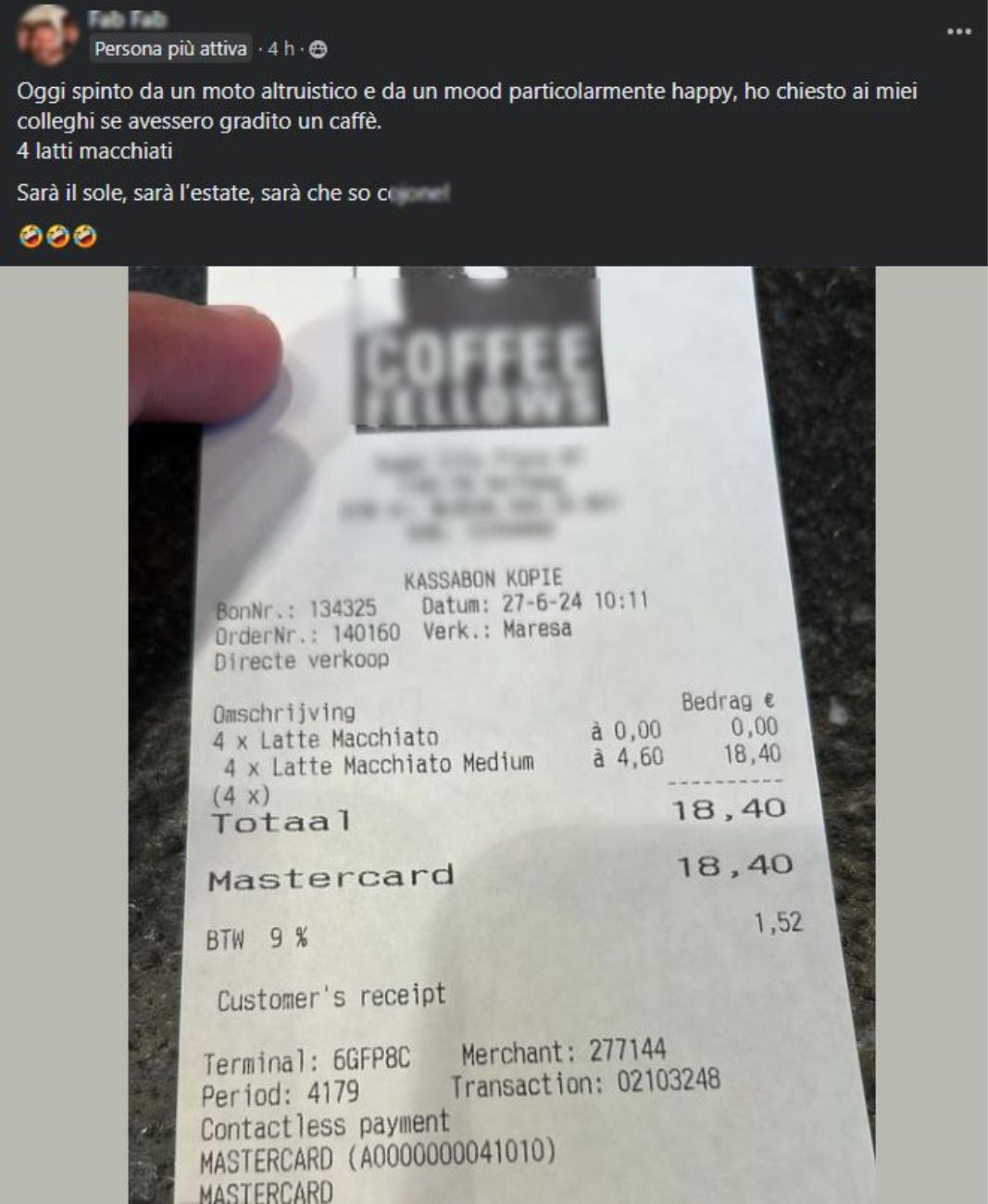 Olanda, lo scontrino del latte macchiato al bar