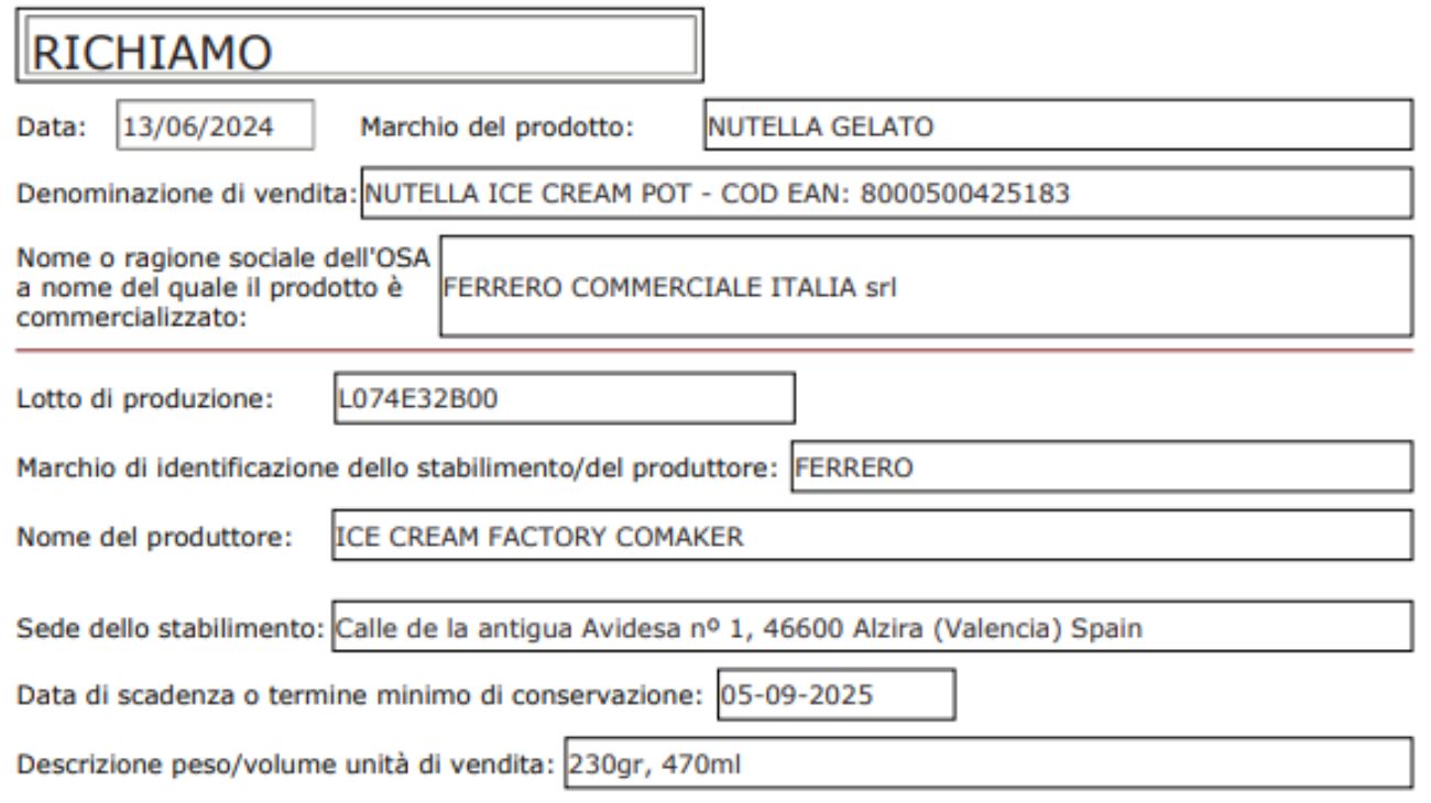 Gelati, richiamato un lotto a marchio Nutella: il comunicato