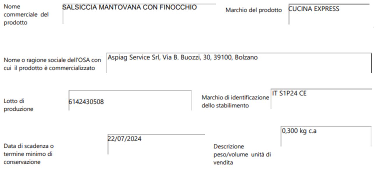 Il comunicato riguardante il richiamo delle salsicce