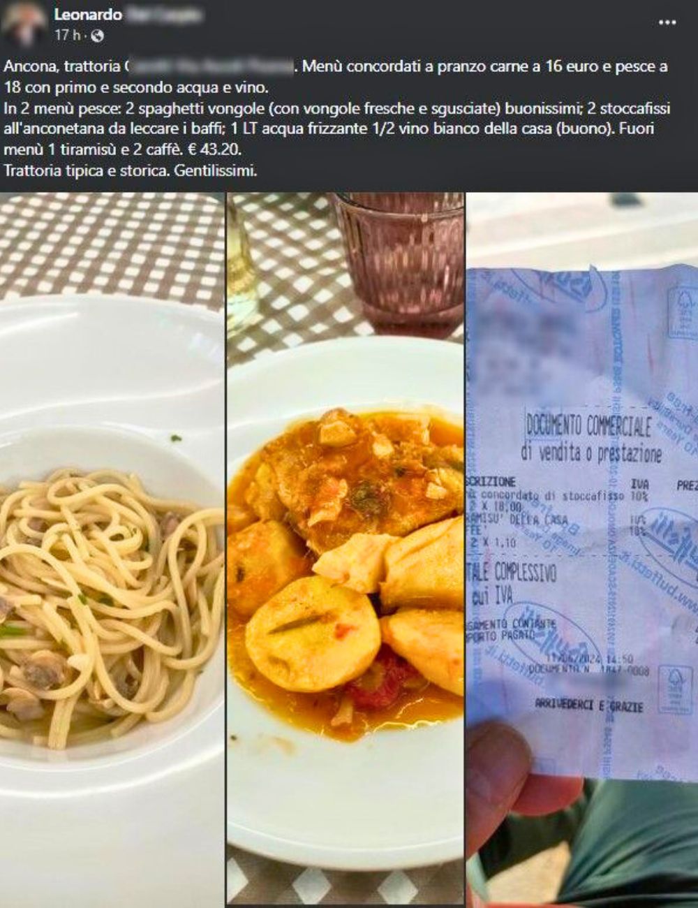 Marche, cliente pubblica le foto delle portate e dello scontrino