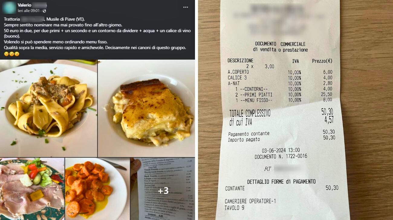 Veneto, cliente mostra foto delle portate e dello scontrino