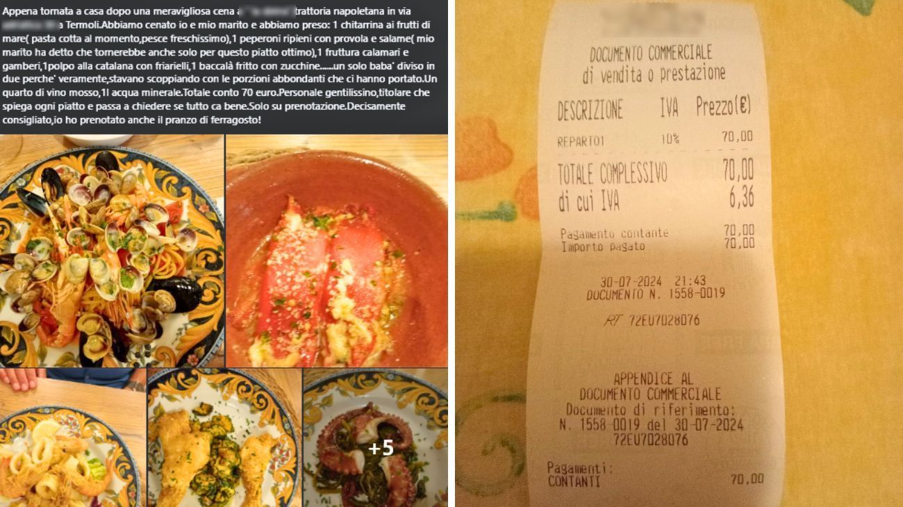 Cliente mangia in una trattoria napoletana in Molise e mostra lo scontrino