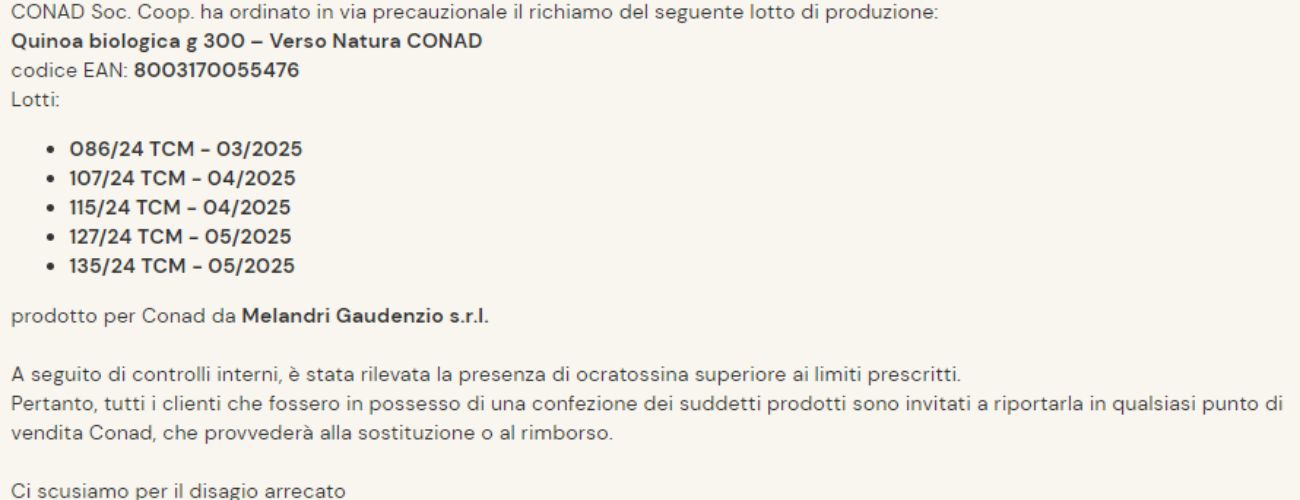 Cereali, diffuso il richiamo di lotti di quinoa