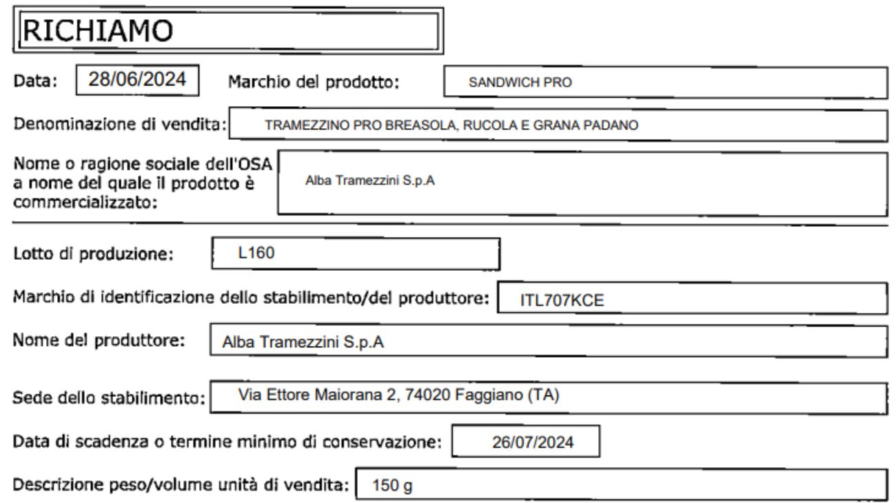 Ministero della Salute, lotto di tramezzini ritirato dal commercio