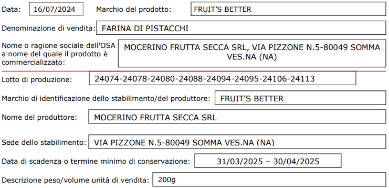 Farina di pistacchio, confezioni ritirate dal commercio