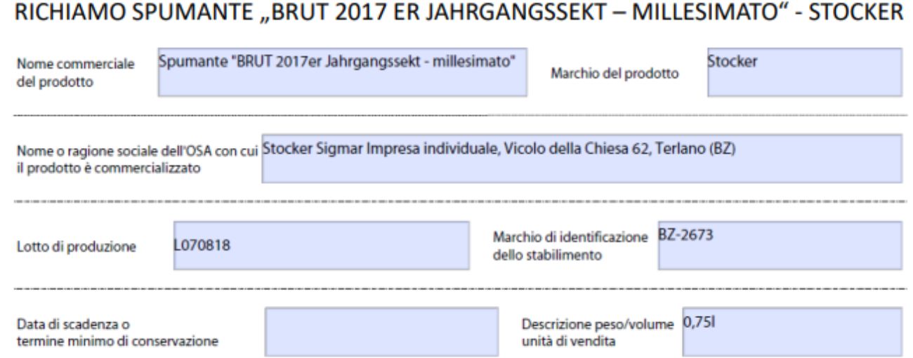 Ministero della Salute, spumante richiamato per rischio chimico