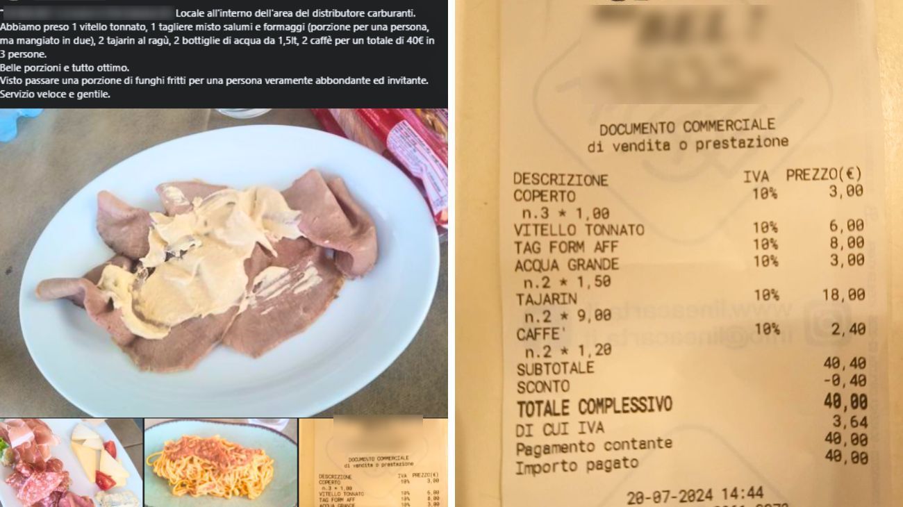 Cliente mostra lo scontrino del pranzo in un ristorante in Piemonte