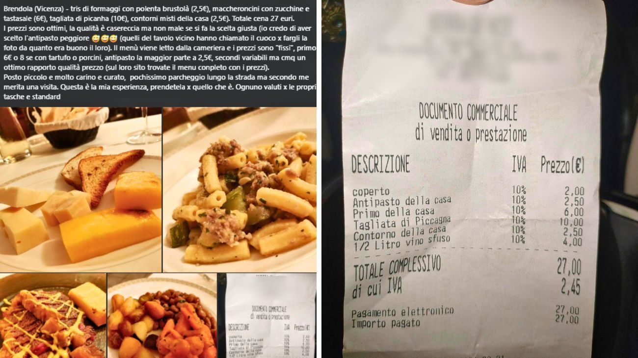 Veneto, cliente mostra lo scontrino della cena in osteria