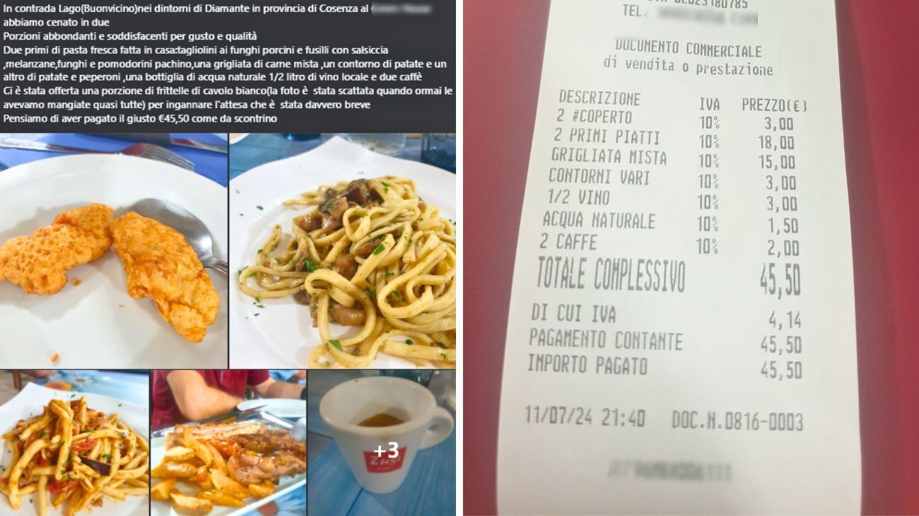 Calabria, lo scontrino della cena in un ristorante