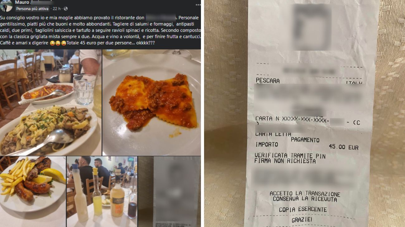 Il post con lo scontrino e le portate della cena nel ristorante in Abruzzo