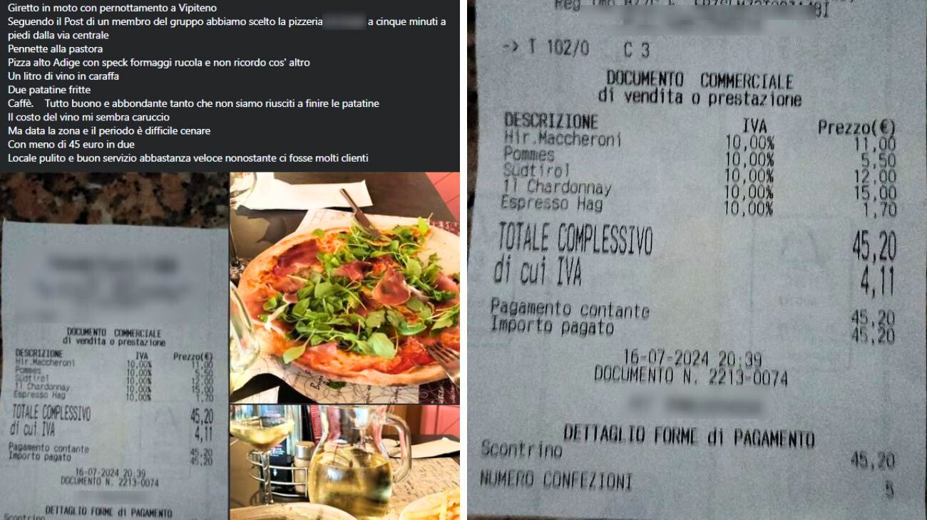 Trentino-Alto Adige, il dettaglio che non è sfuggito sullo scontrino pubblicato dal cliente
