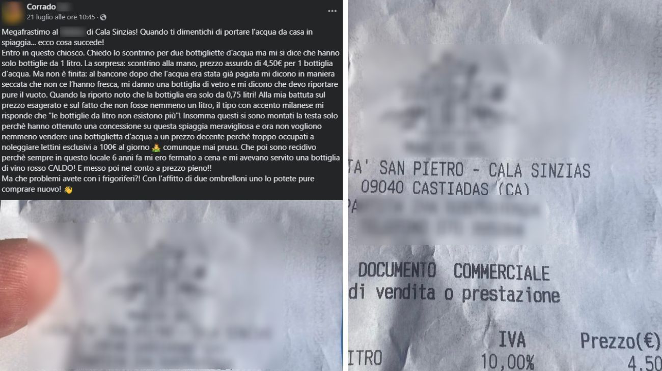 Cliente mostro scontrino di una bottiglia d'acqua in uno stabilimento balneare in Sardegna