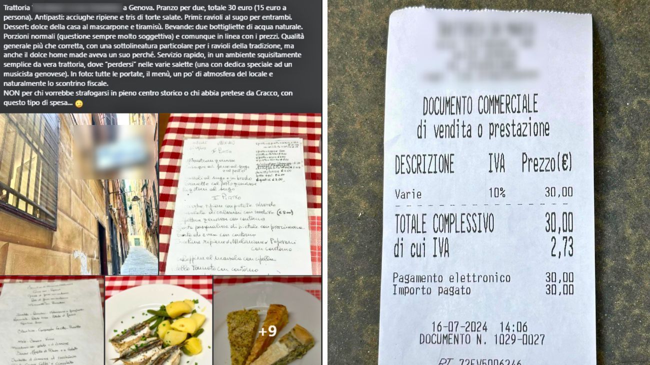 Liguria, il post e la foto dello scontrino del pranzo in trattoria