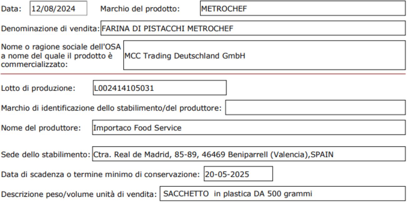 Farina di pistacchi, lotto ritirato dal commercio