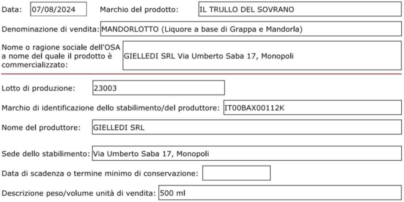 Liquore, lotto richiamato dal commercio