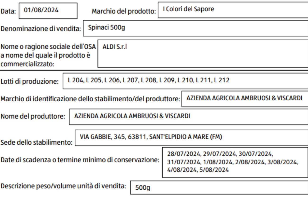 Ministero della Salute, ancora spinaci richiamati dai supermercati