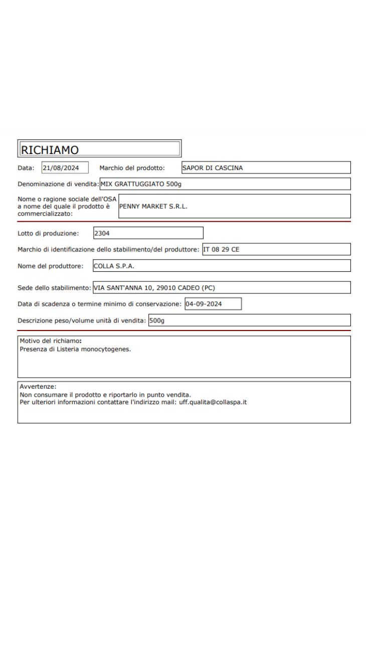 formaggio grattugiato ritirate confezioni