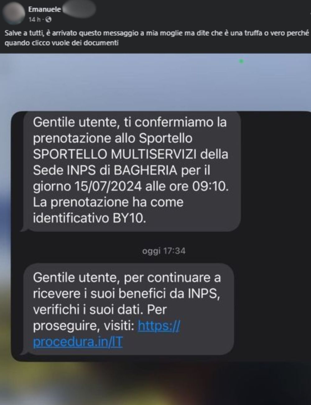 Truffa dell'INPS, il messaggio che arriva alla vittima