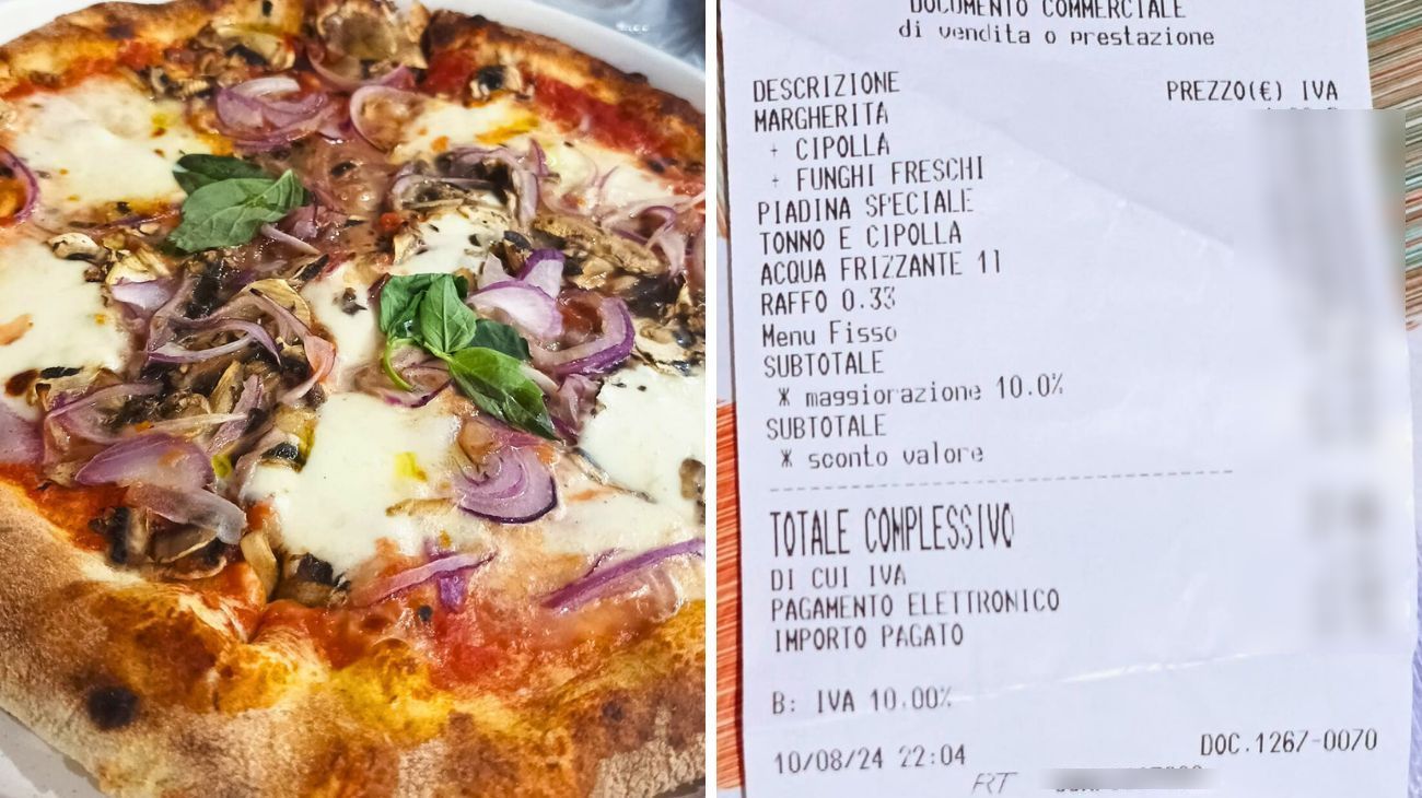 Cliente mostra le foto delle portate e dello scontrino della pizzeria in Puglia