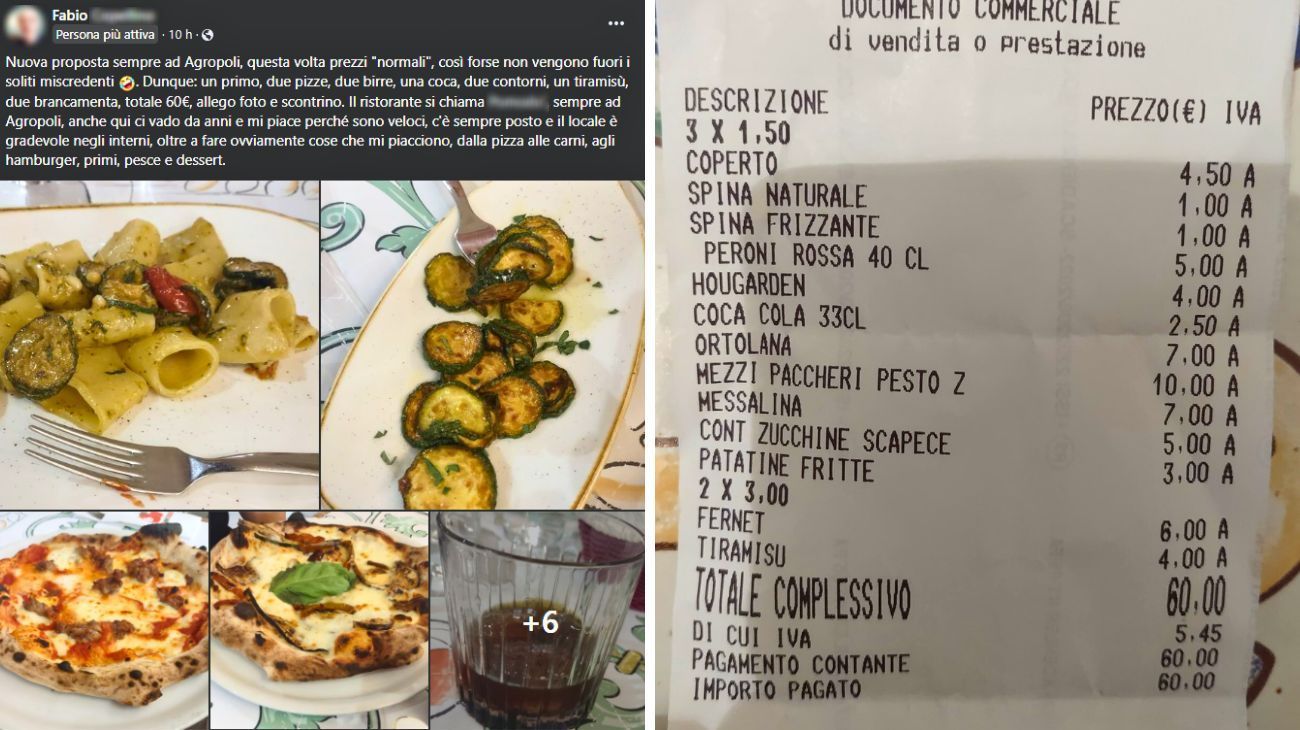Campania, cliente mostra lo scontrino dopo la cena al ristorante