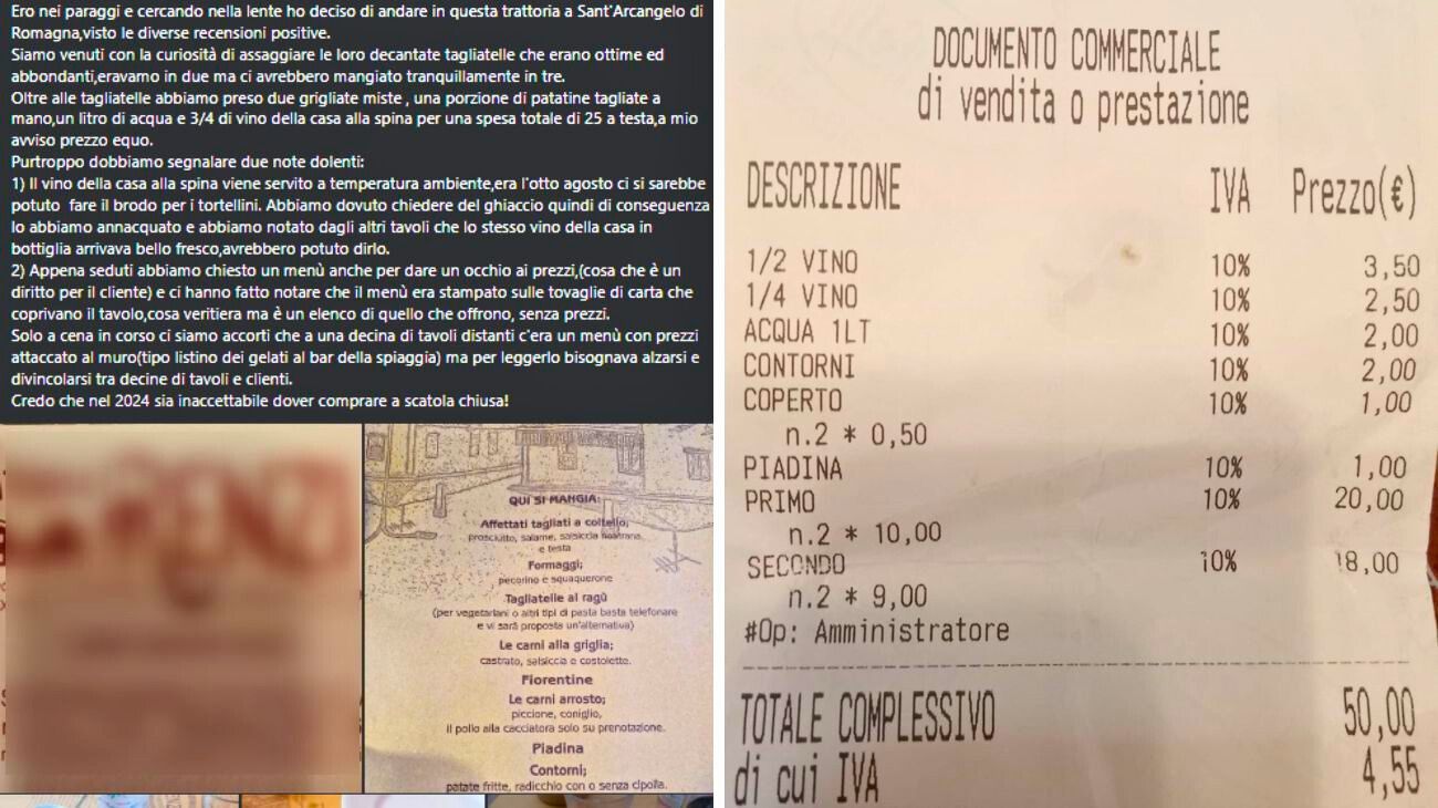 Emilia Romagna, cliente pubblica la foto dello scontrino e delle portate del pranzo in trattoria