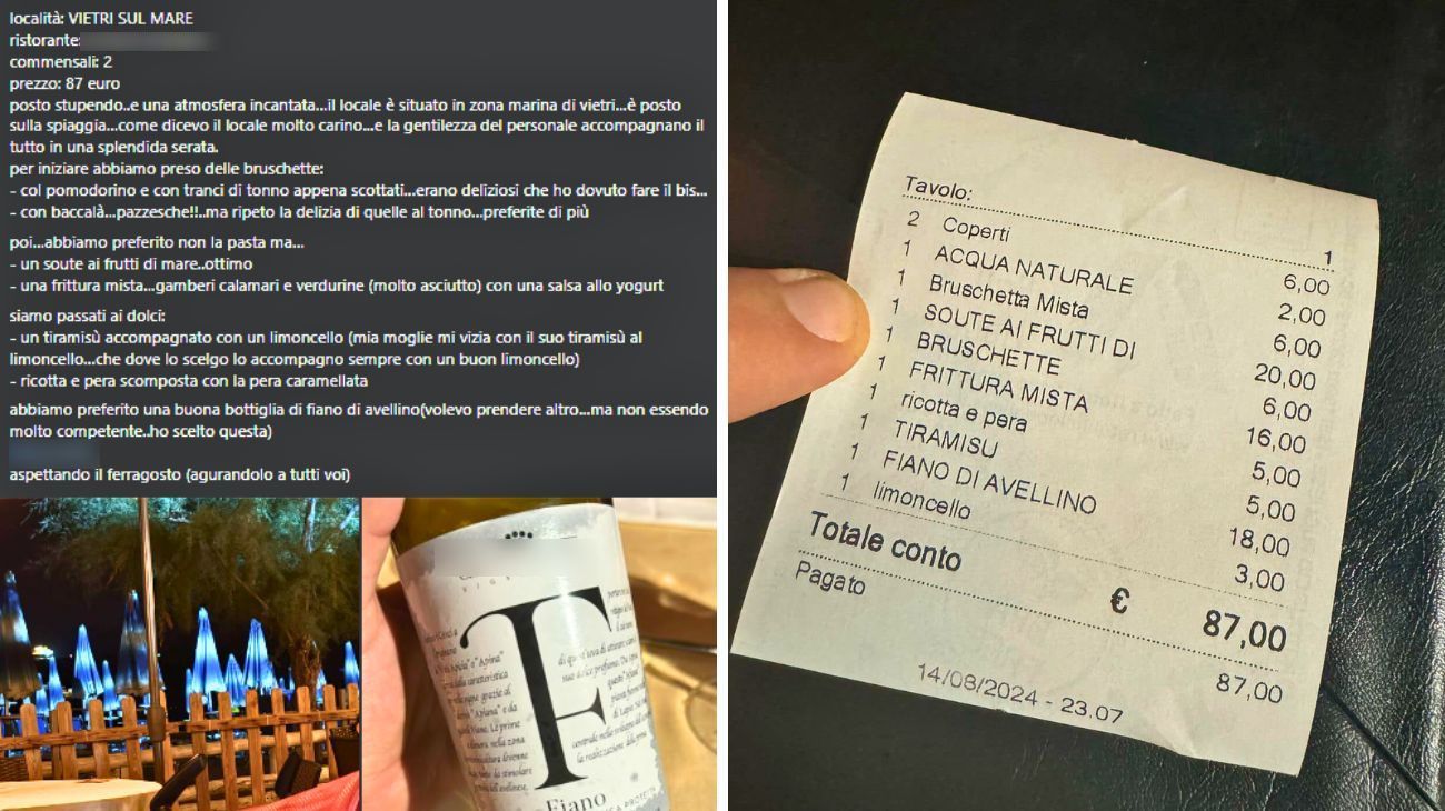 Cena in un ristorante sulla Costiera Amalfitana, in Campania, e mostra lo scontrino