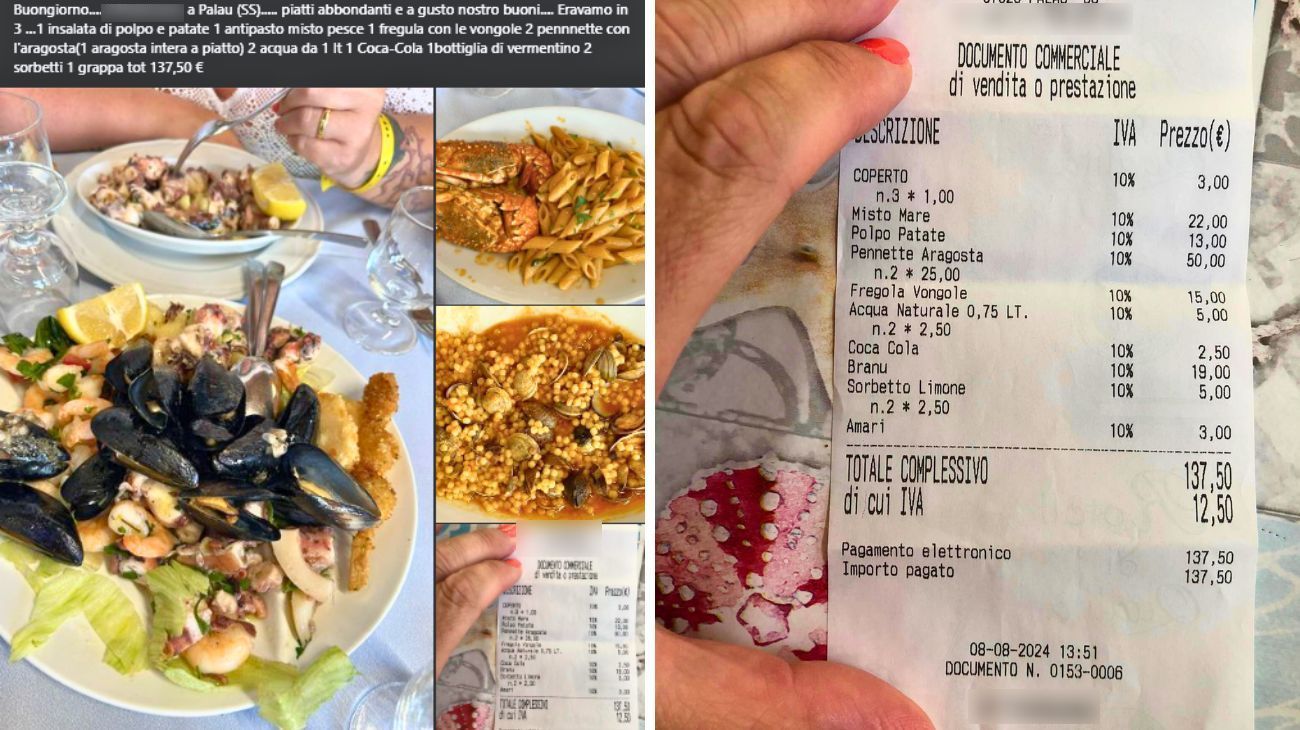 Sardegna, lo scontrino del pranzo a base di pesce