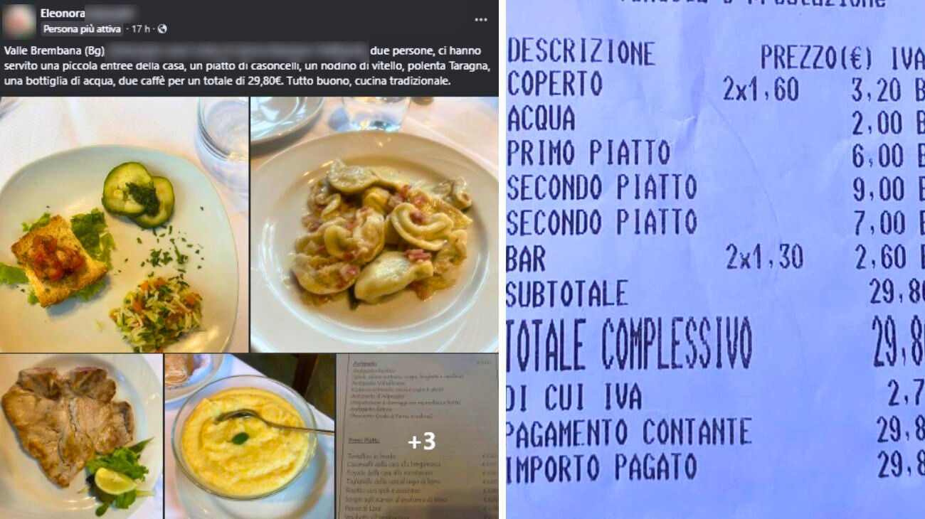 Le foto delle portate e dello scontrino di una cena in un ristorante in Lombardia