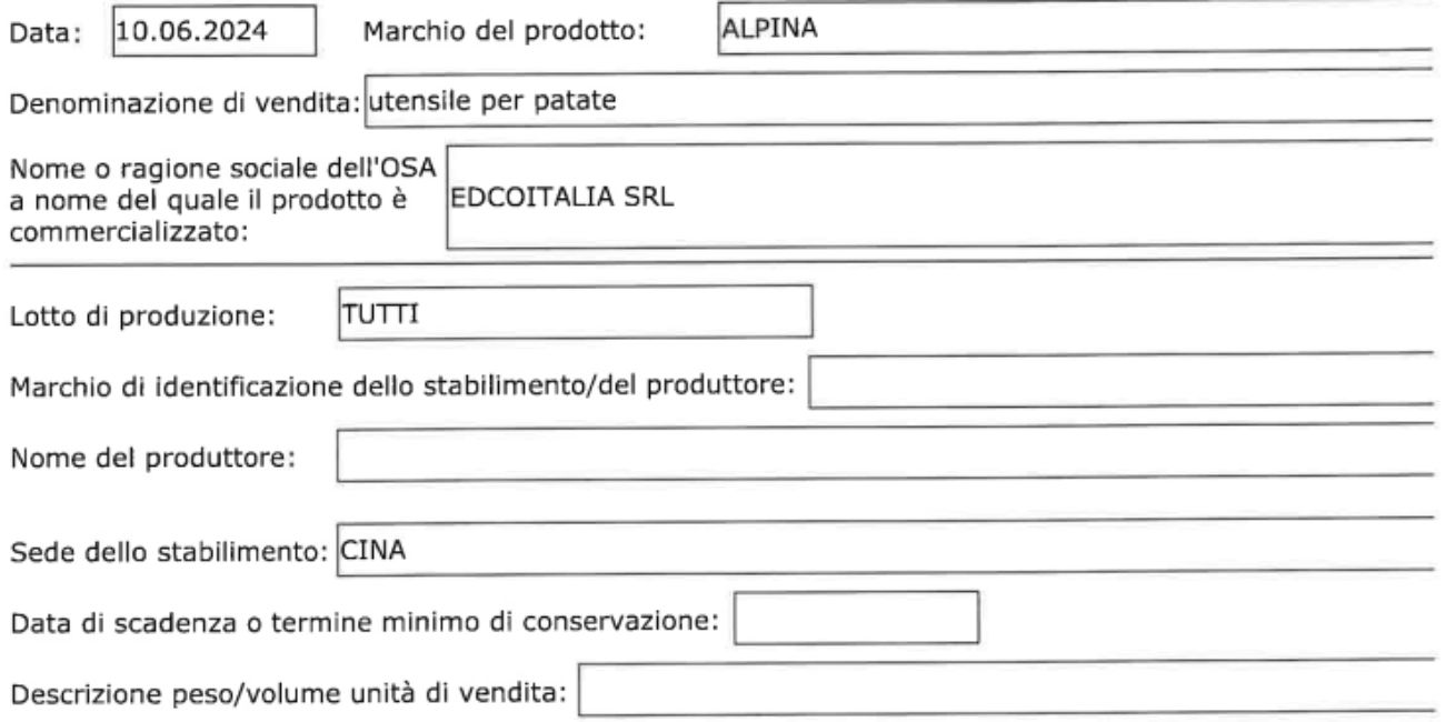 Ministero della Salute, utensili da cucina ritirati dal commercio