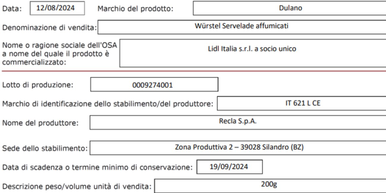 Ministero della Salute, confezioni di wurstel ritirate dal commercio