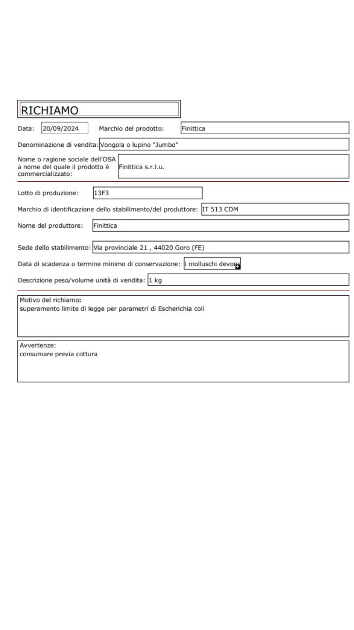 Vongole lupini Ministero della Salute