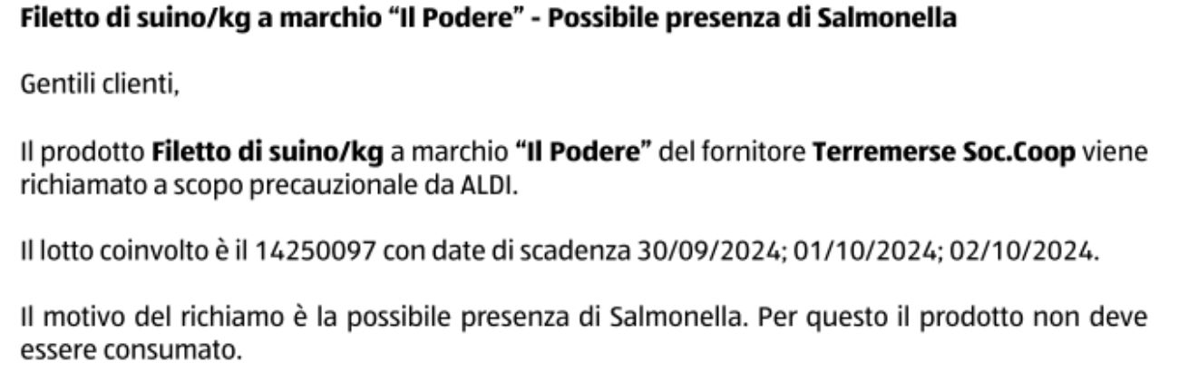 Carne richiamata per possibile presenza di salmonella