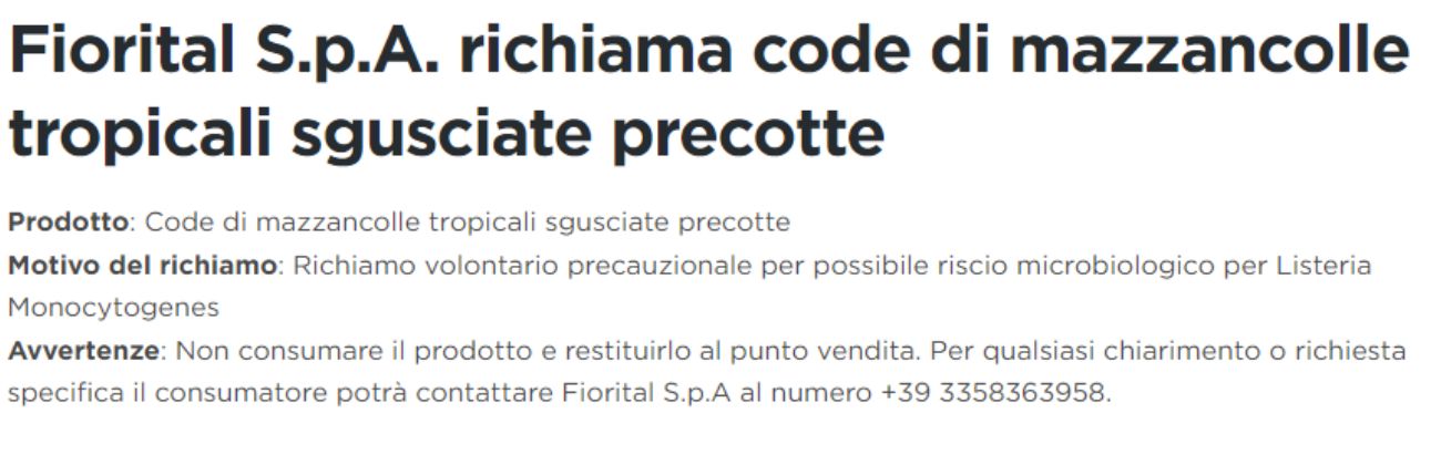 Richiami alimentari, lotto di crostacei ritirato per possibile presenza di Listeria