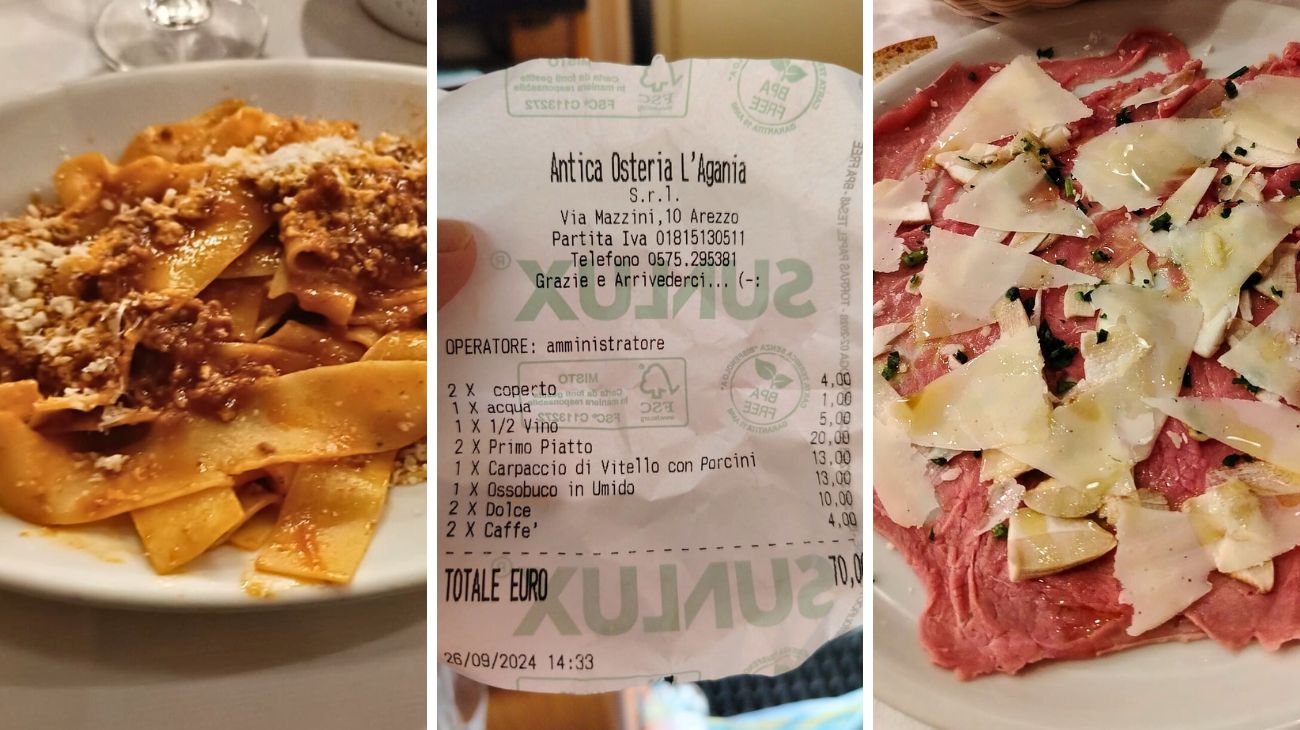 Pranza in un'osteria in Toscana e mostra lo scontrino
