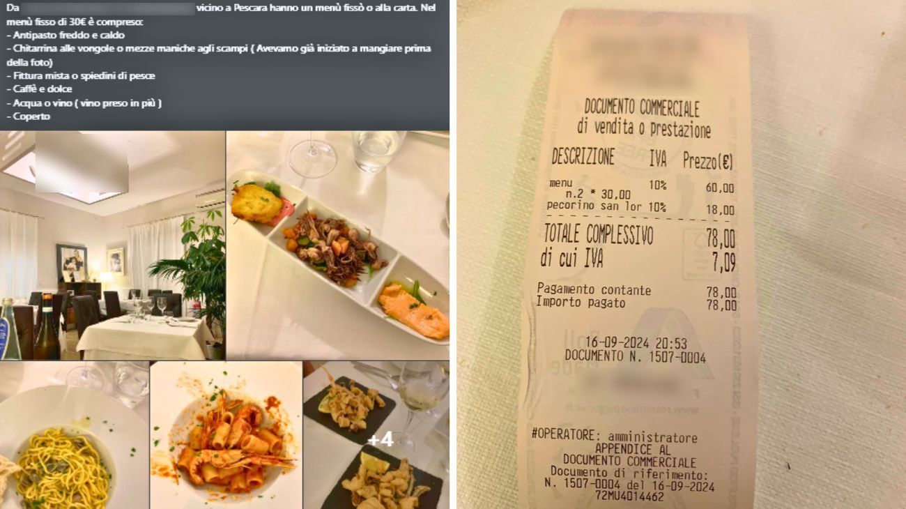 Abruzzo, cena con menù fisso per due persone: lo scontrino condiviso dal cliente