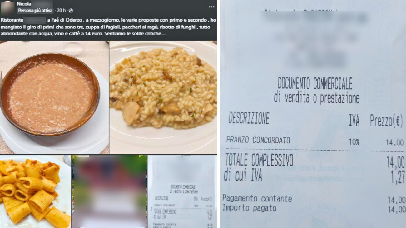 Veneto, lo scontrino del pranzo con menù fisso al ristorante