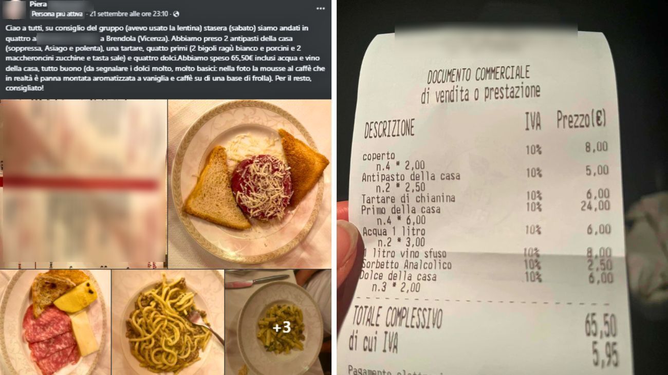 Veneto, cliente mostra lo scontrino della cena per 4 persone