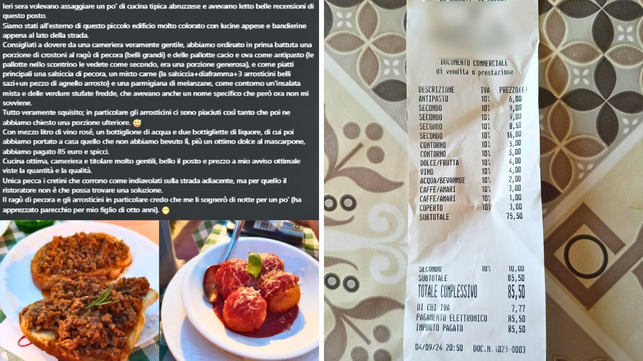 Lo scontrino e la descrizione della cena in un ristorante in Abruzzo