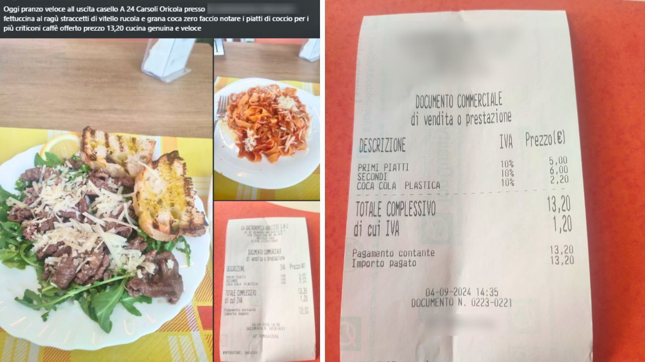 Abruzzo, lo scontrino pubblicato dal cliente dopo il pranzo