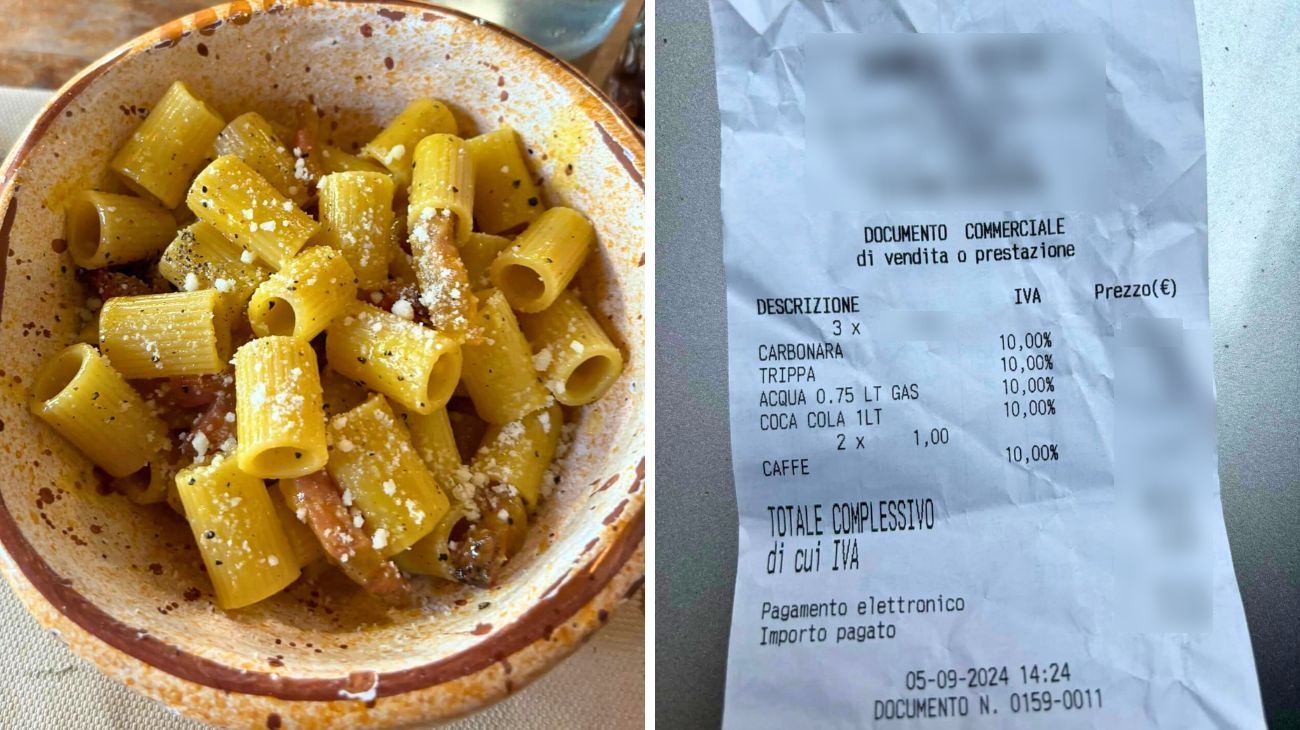 Cliente mostra lo scontrino dopo aver mangiato la carbonara al ristorante nel Lazio