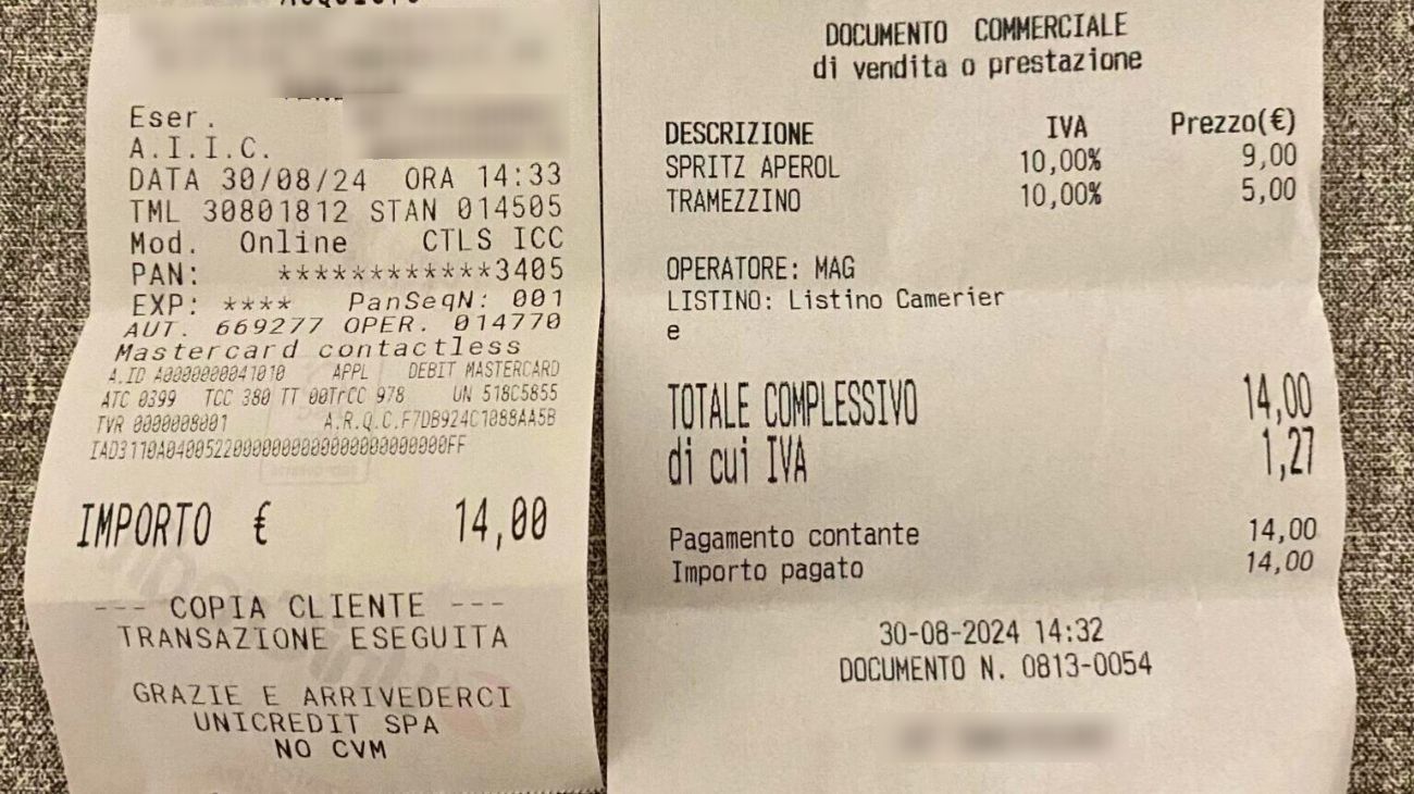 Veneto, cliente denuncia il prezzo pagato per uno spuntino al bar