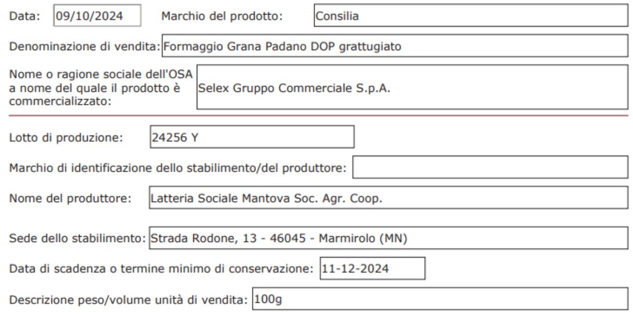 Lotto di formaggio ritirato dal commercio per possibile presenza di corpi estranei