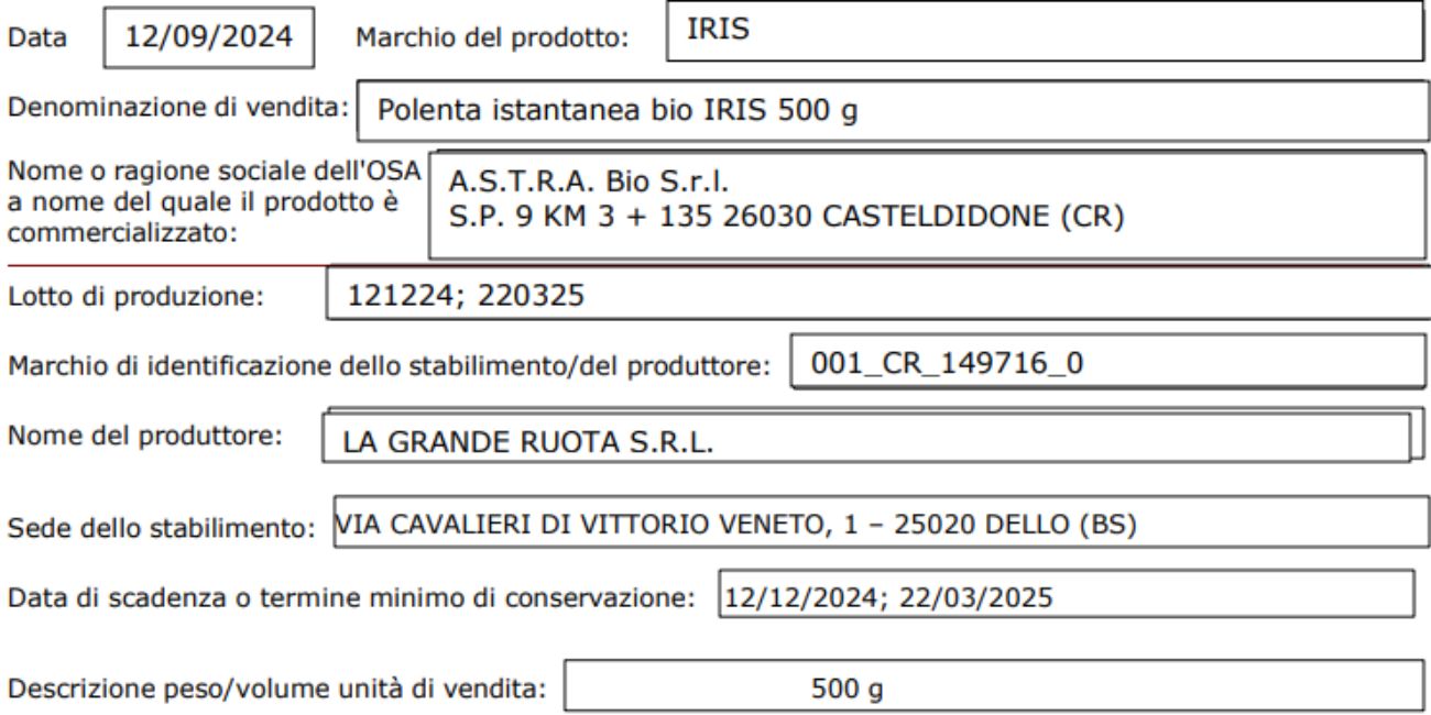 Ministero della Salute, ritirati due lotti di polenta