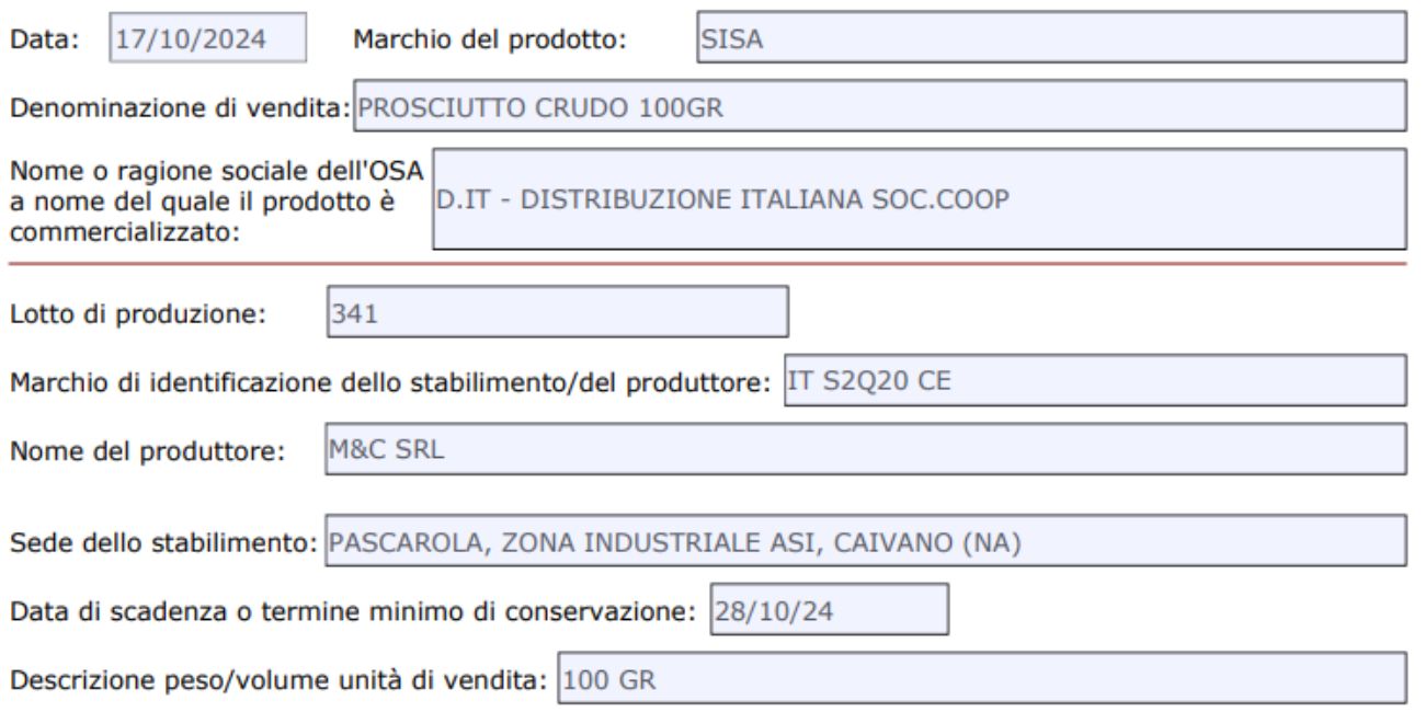 Prosciutto crudo, lotto ritirato dal commercio per rischio microbiologico