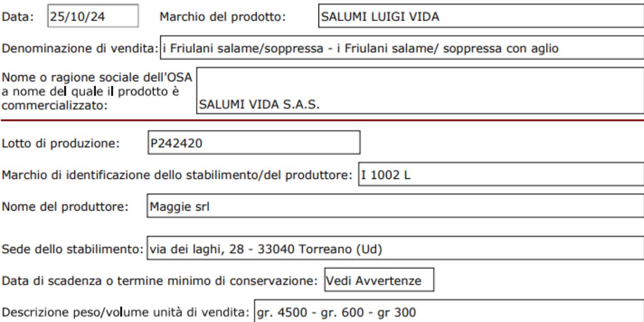 Ministero della Salute, richiamato un lotto di salame