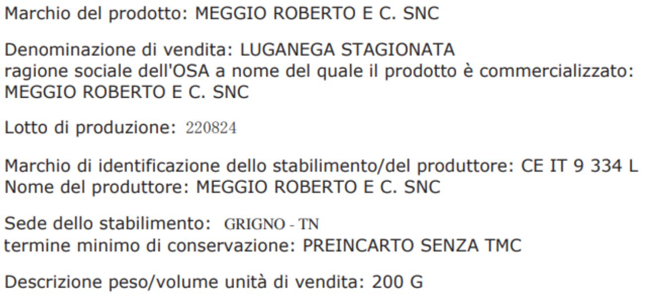 Ministero della Salute, scatta il ritiro di un lotto di luganega (insaccato simile alle salsicce