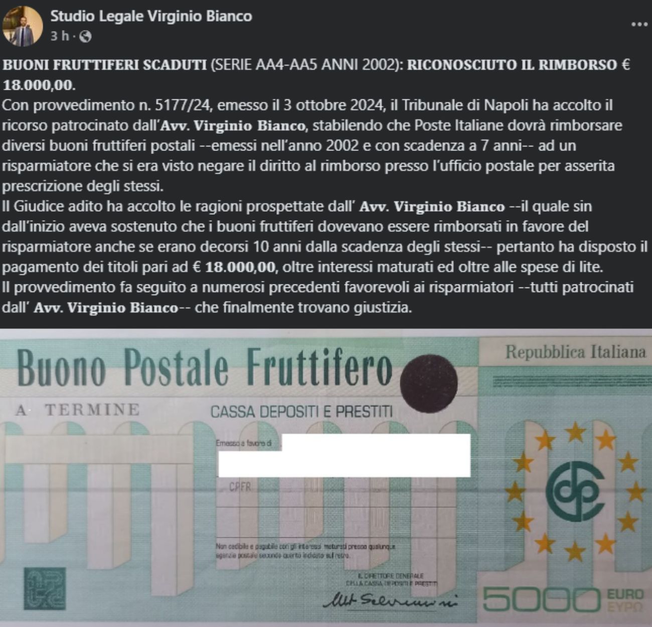 Buoni fruttiferi postali, l'avvocato annuncia la vittoria del ricorso