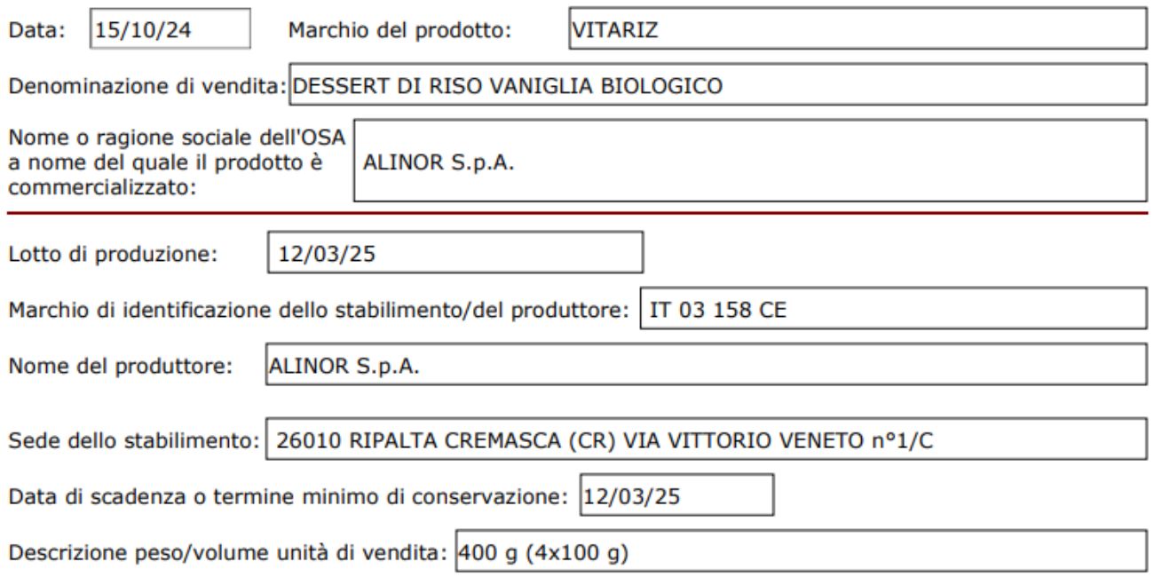 Ministero della Salute, lotto di dessert ritirato dal commercio