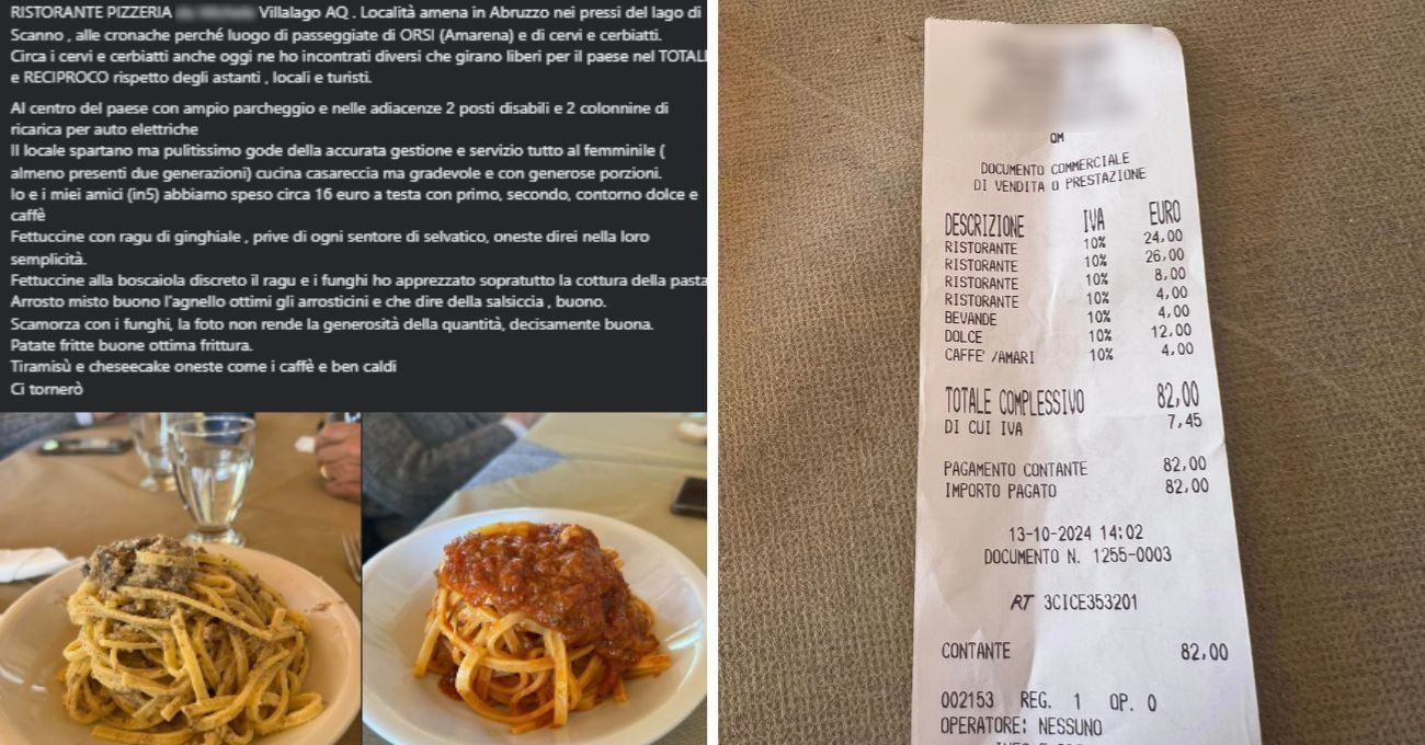 Lo scontrino del pranzo in Abruzzo: la segnalazione del cliente